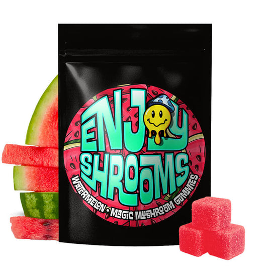Enjoy Shrooms Bulk Watermelon Mushroom Gummies, 50-count bag, featuring juicy watermelon flavor and bulk value.