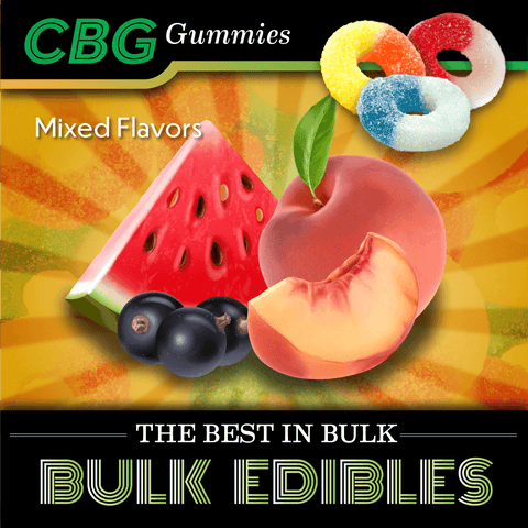 Colorful CBG Gummy Rings in Watermelon, Peach, and Blue Razz flavors are neatly arranged, showcasing the 25mg CBG potency and THC-free formula.