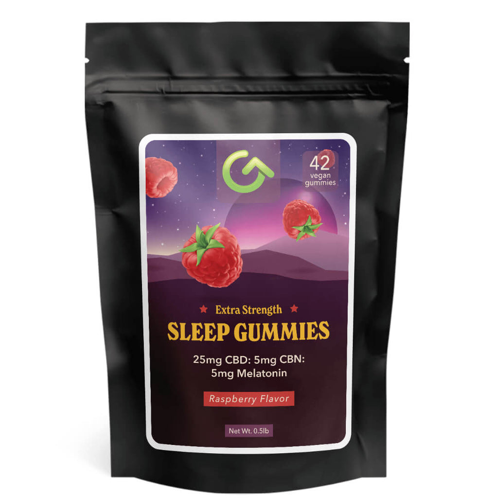 Photo of Sleep Gummies bag, showing 42 raspberry-flavored gummies with CBD, CBN, and Melatonin.