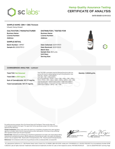 certificate of analysis for CBD and CBN tincture. 