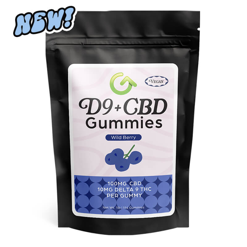 Wildberry CBD Delta 9 Gummies, 10mg Delta 9 THC + 100mg CBD, vegan, Farm Bill-compliant, 1lb bag, made in a GMP-certified USA facility.