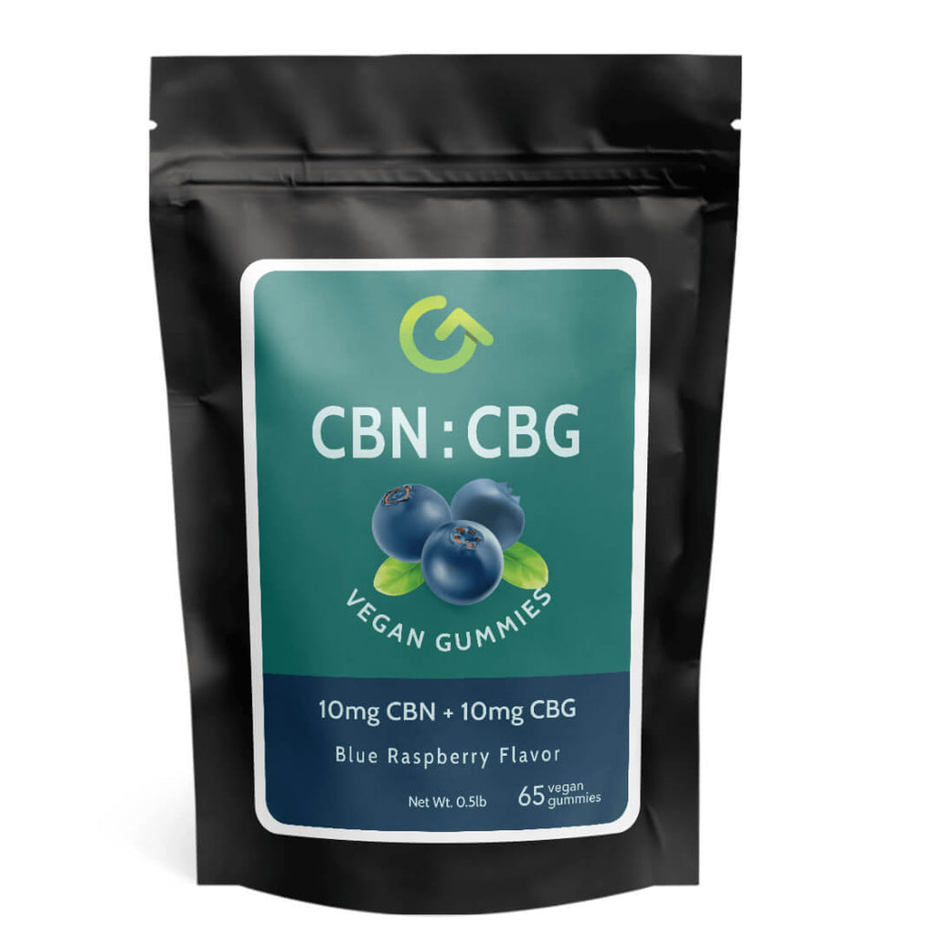 Image of a bag containing CBG + CBN vegan gummies, highlighting the health-focused and plant-based nature of the product.