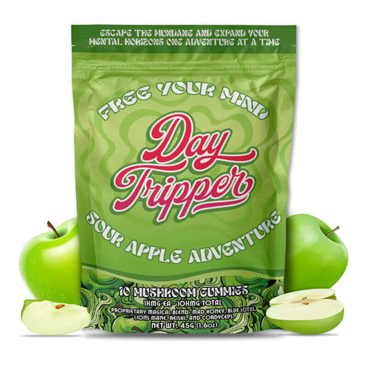 A photo rendering for the package of Day Tripper magic mushroom + Blue Lotus Extract + Mad Honey Gummies.