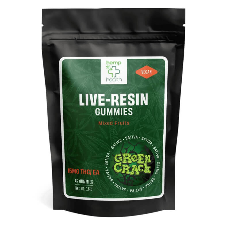 live resin delta 9 gummies made with green crack sativa strain extract.