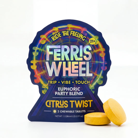Ferris Wheel Citrus Twist Kanna party blend tablet packaging with carnival ferris wheel graphic and citrus orange yellow themed design available at InJoy Extracts
