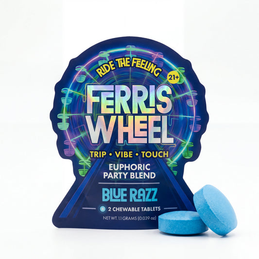 Ferris Wheel Blue Razz chewable party tablets packaging on a white background