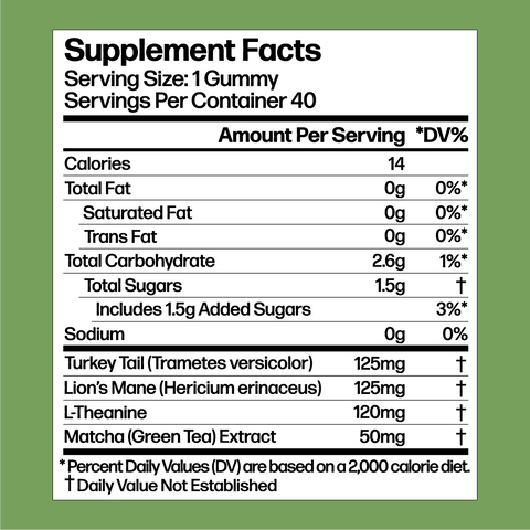 nutrition facts for Focus gummies from mushroom FX are made with turkey tail mushrooms, lions mane, matcha tea extract, caffeine and L-Theanine
