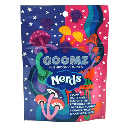 A photo rendering of the package for Goomz magic mushroom gummies in a classic nerds candy flavor. 