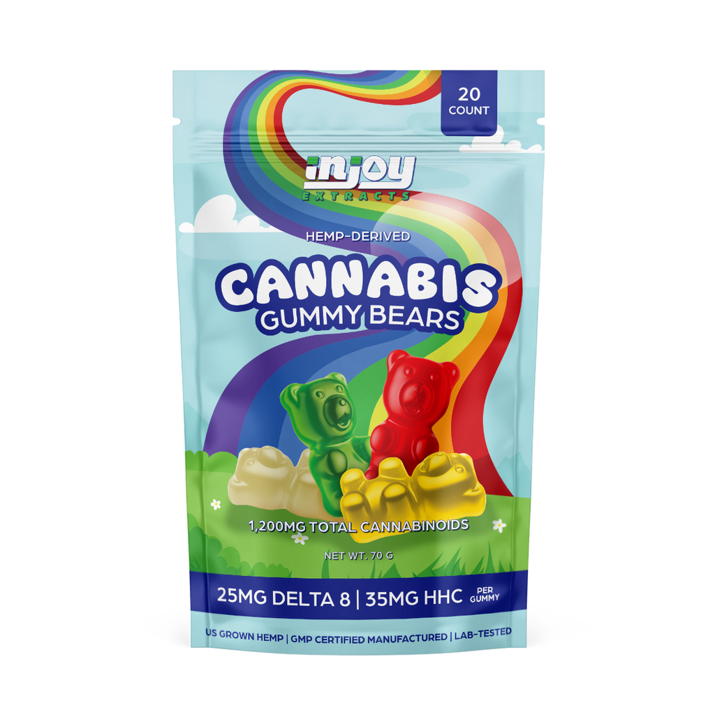 A bag of 20 gummy bears with each gummy bear having 25mg of delta 8 and 35mg of HHC. 