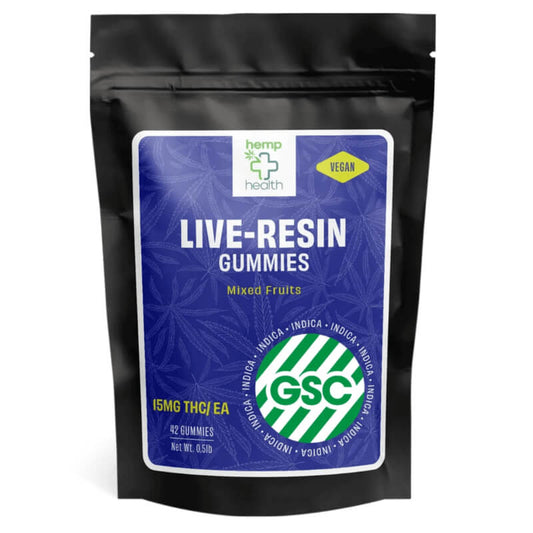 live resin delta 9 gummies that come with 15mg live resin delta 9 THC per gummy and 3 different strains, hybrid, indica and sativa