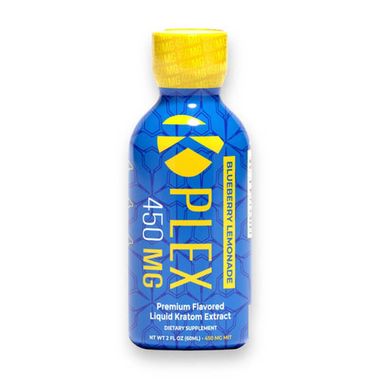 A picture of the bottle for K-Plex liquid kratom shot with 450mg of active. 