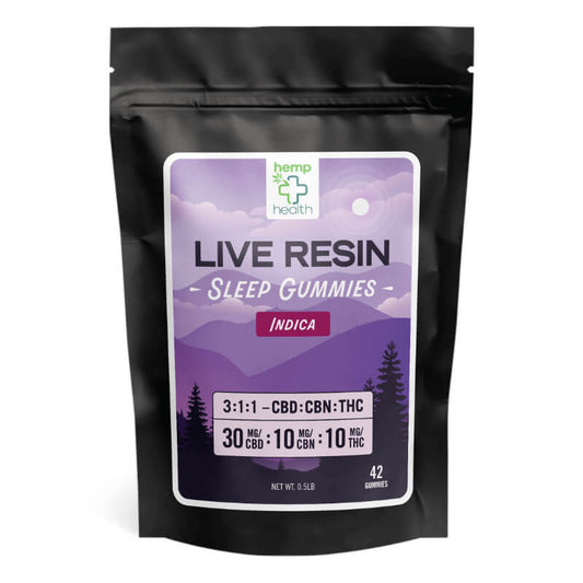 A resealable bag containing 42 Delta 9 + CBN Live Resin Sleep Gummies, each vegan-friendly. The bag's design highlights the gummies' natural ingredients, set against a calming backdrop.