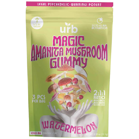 urb amanita mushroom gummy comes with 3 gummies per bag and is watermelon flavor