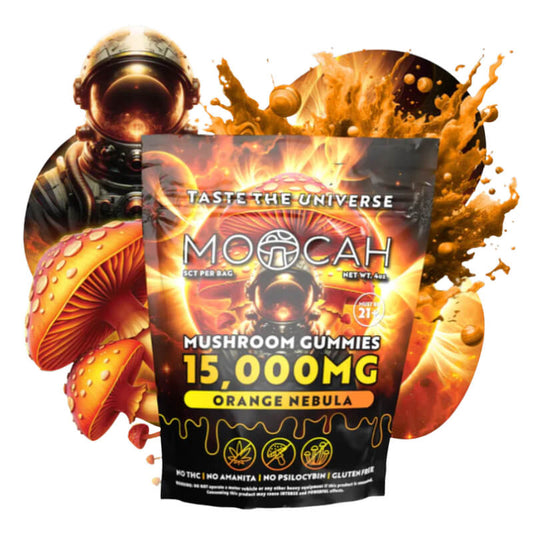 Moocah Orange Nebula Mushroom Gummies 15,000mg bag with cosmic citrus design.
