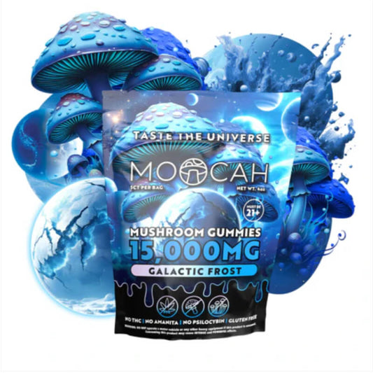 Moocah Galactic Frost Mushroom Gummies 15,000mg resealable bag with icy mint cosmic design.