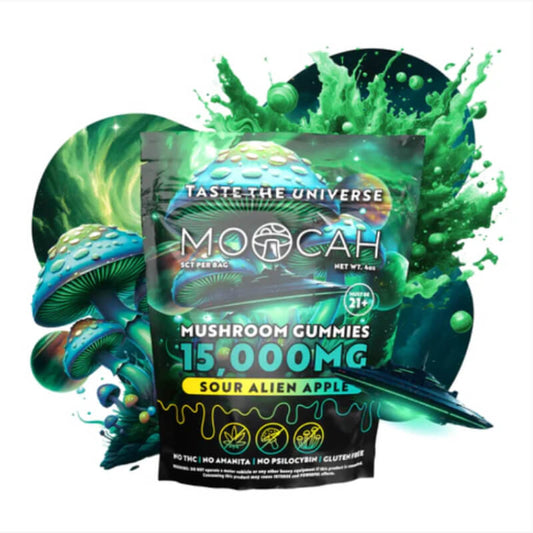 Moocah Sour Alien Apple Mushroom Gummies 15,000mg resealable bag with green cosmic apple design.