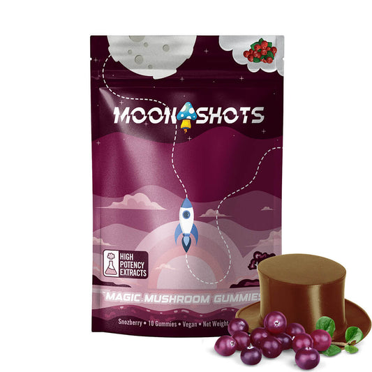 Moonshots Snozzberry Mushroom Gummies 10 count bag with playful artwork that includes snozzberry and Willy Wonka's hat. 