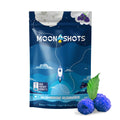 Moonshots Blue Raspberry Mushroom Gummies 10 count bag with bold blue cosmic design.