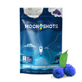 Moonshots Blue Raspberry Mushroom Gummies 10 count bag with bold blue cosmic design.