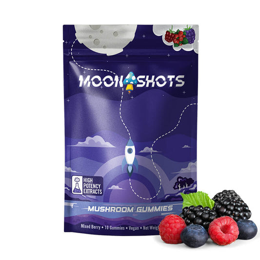 Moonshots Mixed Berry Magic Mushroom Gummies 10 count bag with a trippy, vibrant berry design.