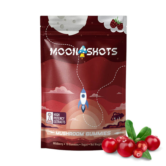 Moonshots Wildberry Magic Mushroom Gummies 10 count bag with deep intrinsic cosmic berry artwork.