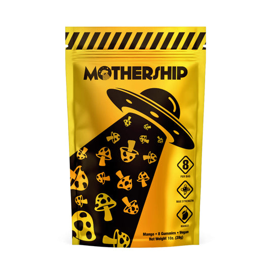 Mothership Mango Extra Strength Mushroom Gummies bag featuring tropical mango flavor and premium quality formula.
