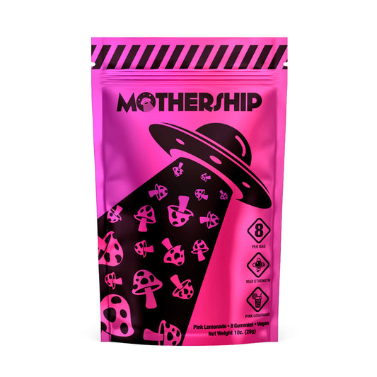 Mothership Pink Lemonade Extra Strength Mushroom Gummies bag with bright citrus flavor and a premium quality formula.