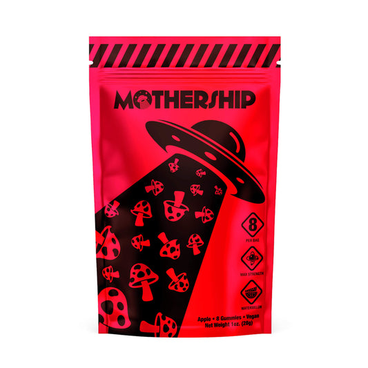 Mothership Watermelon Extra Strength Mushroom Gummies bag featuring juicy watermelon flavor and a premium quality formula.