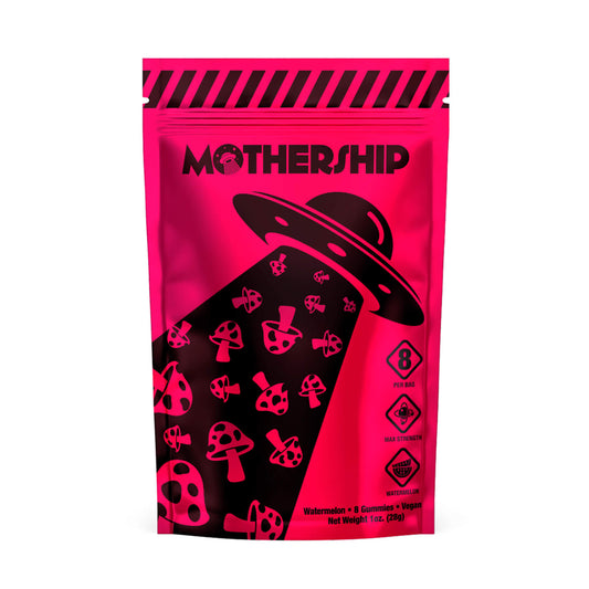 Mothership Watermelon Mushroom Gummies bag featuring juicy watermelon flavor and a premium quality formula.