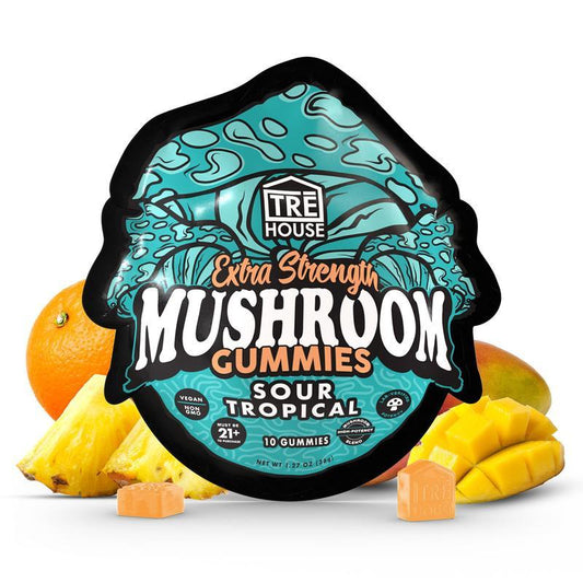 * Front: Tre House Sour Tropical Mushroom Gummies pouch front, sour tropical flavor, 15 vegan gummies, bright island design.