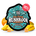 * Front: Tre House Sour Tropical Mushroom Gummies pouch front, sour tropical flavor, 15 vegan gummies, bright island design.