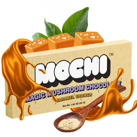 Product rendering of Mochi magic mushroom chocolate with Caramel Crunch flavor. 