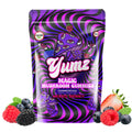 New product launch photo for Mixed Berry Yumz Mushroom Gummies. 
 They are vegan, have 1400mg potency, are natural tryptamines, are lab-tested, have no THC, are made in the USA, and are uplifting and smooth.