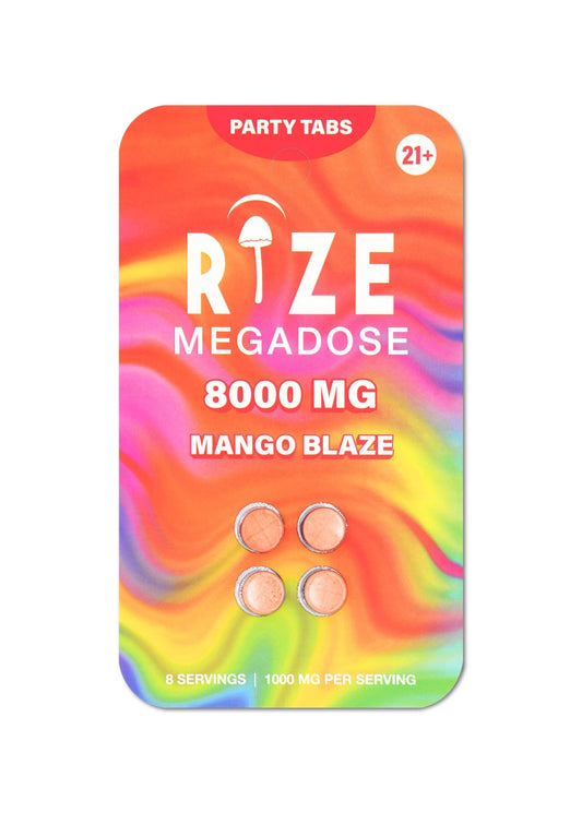 Mango Blaze Party Tabs 8000mg blister pack — four pre-scored bold tropical mango mushroom blend tablets with vibrant warm orange and yellow summer packaging.