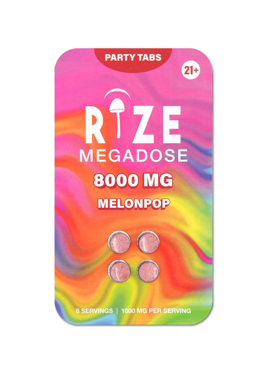 Melon Pop Party Tabs 8000mg blister pack — four pre-scored fresh melon mushroom blend tablets with bright summery green fruit packaging.