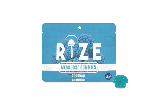 Rize of Hope Blue Razzberry Mushroom Gummies 7500mg 15 count pouch with tangy blue razzberry flavor organic mushroom alkaloid extract