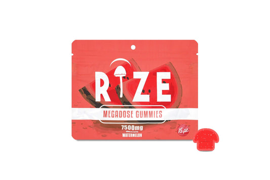 Rize of Hope Watermelon Mushroom Gummies 7500mg 15 count pouch with juicy watermelon flavor organic mushroom alkaloid extract.