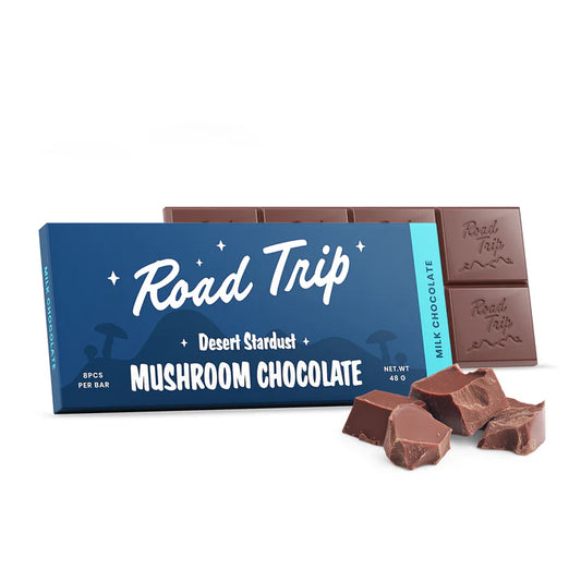 Milk Chocolate Road Trip Mushroom Bar has a creamy texture and 8 breakable squares infused with mushroom extract.
