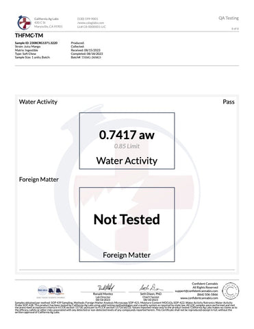 Water activity certificate of analysis for sour tropical flavor tre house magic mushroom gummies