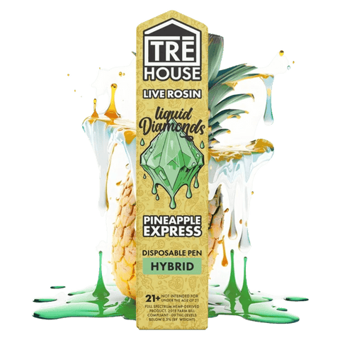 tre house live rosin liquid diamonds disposable cart, with a pineapple express hybrid strain