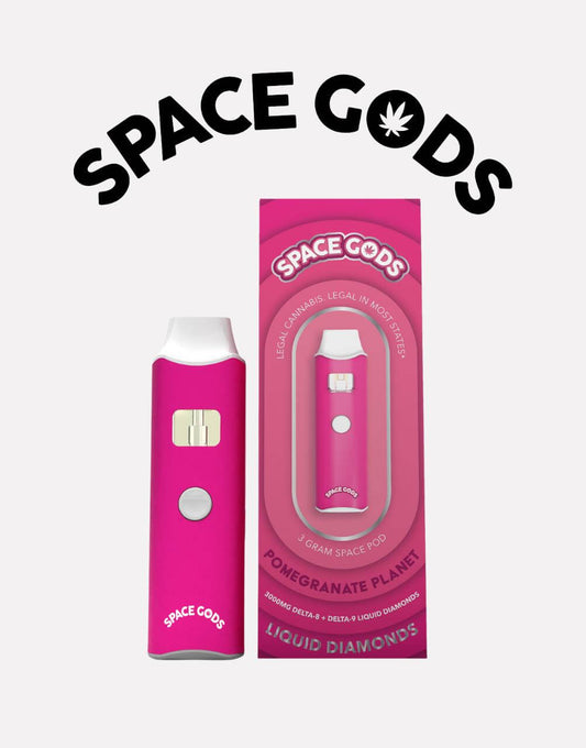 space gods 3g disposable is a combination of Delta 8 and D9 liquid diamonds with a pomegranate flavor