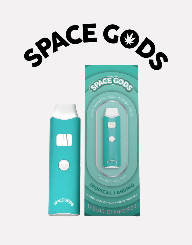 space gods disposable vape cart with delta 8 and delta 9 liquid diamonds comes in a flavor called tropical landing 