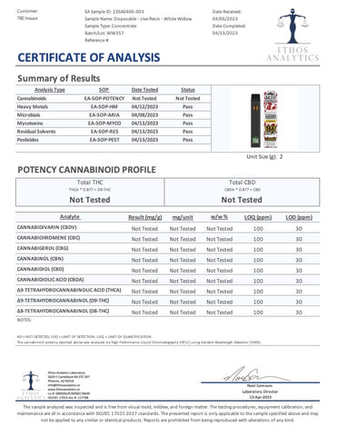 las test for tre house hybrid white widow strain cart with THCP