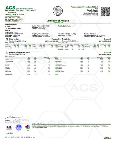 coa page 3 COA for cake THCA cart also has THCM, THCP, and delta 8 thc that is flavored with pineapple upside down cake terpenes 