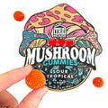 A lifestyle photo of sour tropical mushroom gummies with a person holding a gummy. 