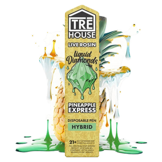 tre house live rosin liquid diamonds disposable cart, with a pineapple express hybrid strain.