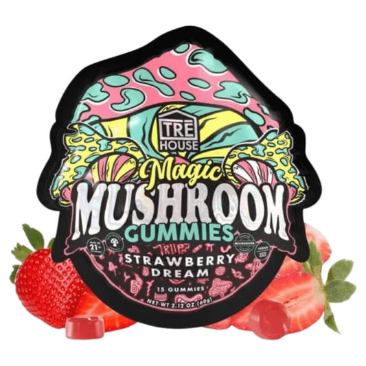 Picture of the package for Tre House magic mushroom gummies with a Strawberry Dream flavor. 