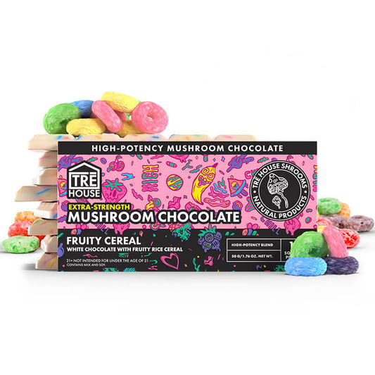 TRĒ House Fruity Cereal mushroom chocolate bar extra-strength formula featuring colorful cereal pieces and creamy chocolate.