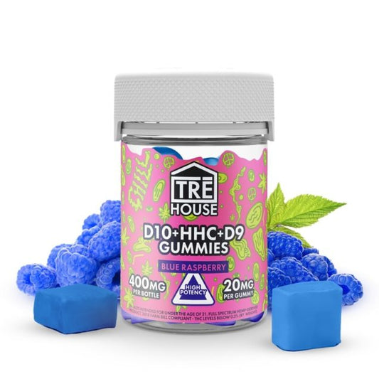  TRĒ House Delta 10 THC + HHC + Delta 9 Blue Raspberry Gummies – 20ct jar with a vibrant label and fruit flavor design