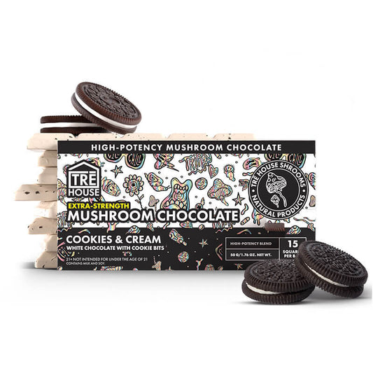 TRĒ House Cookies and Cream mushroom chocolate bar, extra-strength formula with creamy white chocolate and cookie pieces.